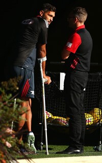 Injured Bomber Courtney Dempsey watches training on Wednesday. Picture: Getty Images - ${keywords}